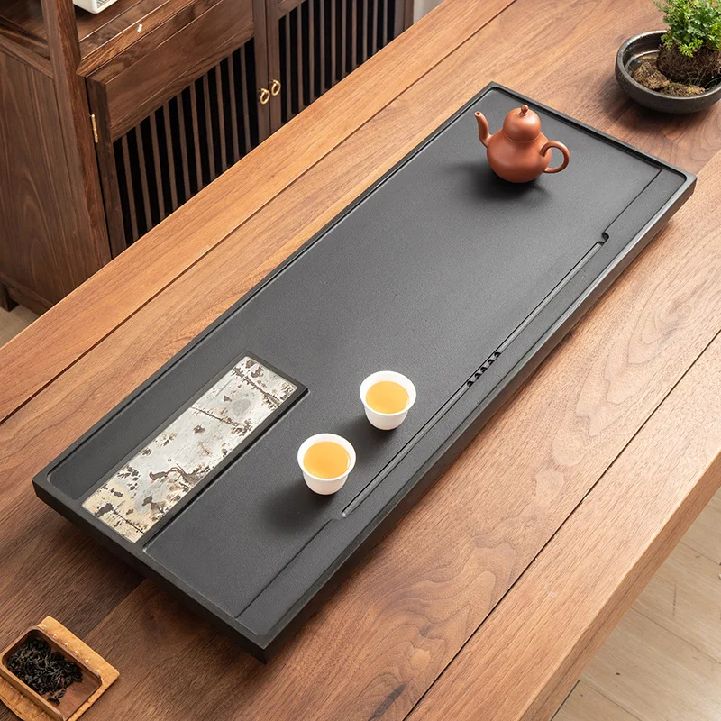 

Natural Wujin Stone Tea Tray with Chinese Painting Stone Inlay Office & Home Use Drainage Tea Table with Drain Pipe Home Gift