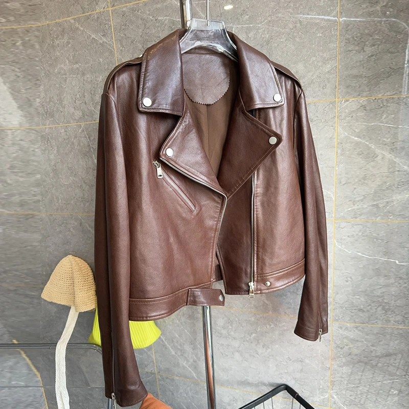 Women's A-level Sheepskin Jacket Coats Loose Casual Motorcycle Short Jacket 2025 Fall Female 100% Genuine Leather Jacket Outwear