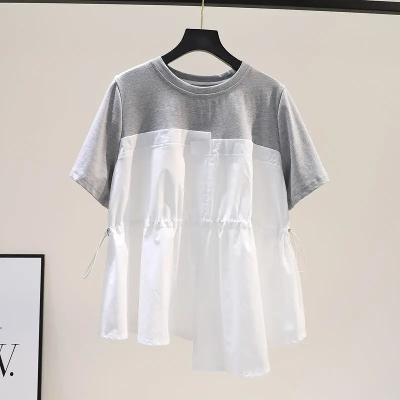 

Summer New Short Sleeve Drawstring Loose Vintage T Shirts Fashion Casual Women Clothing Irregular Contrast Patchwork Trend Tops