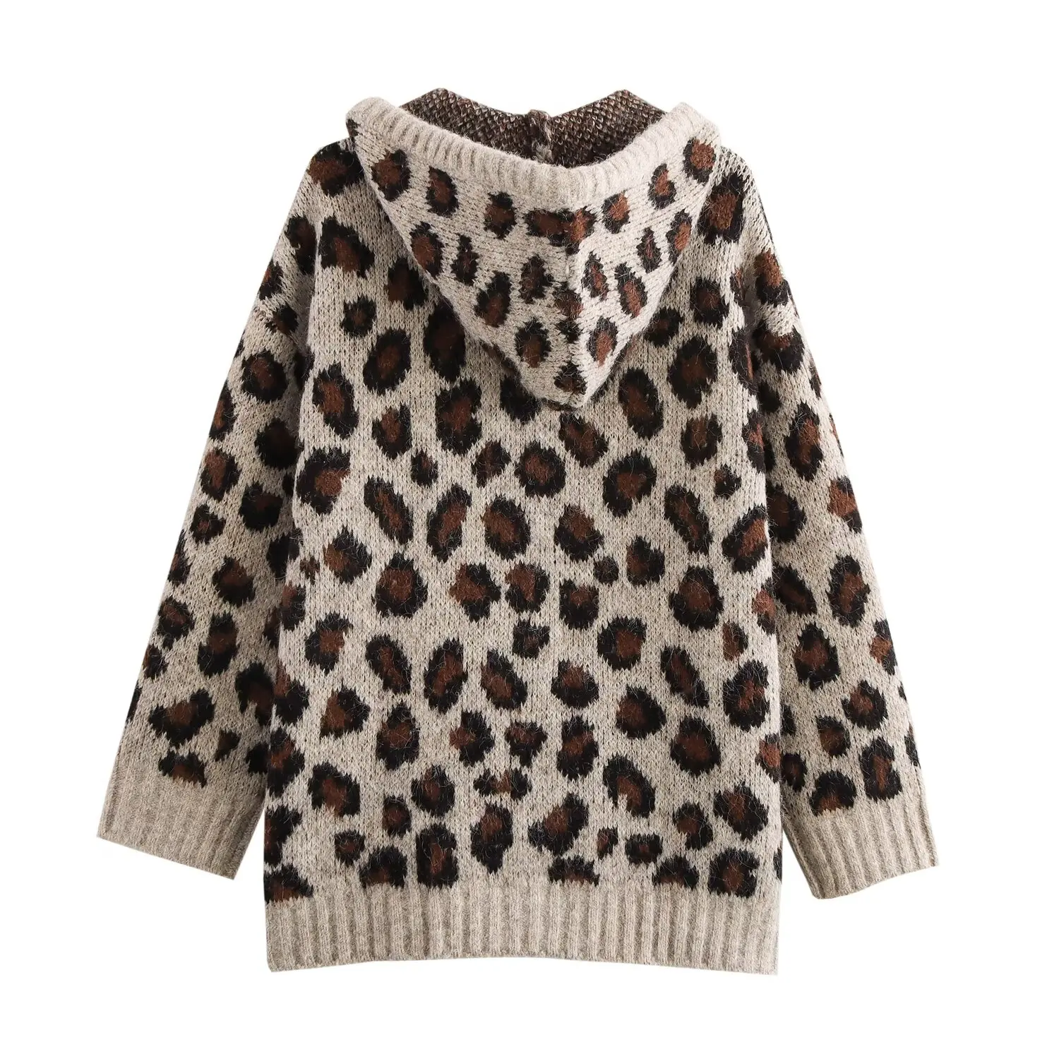 Jenny&Dave Nordic Minimalist Leopard Print Jacquard Pullover Tops Winter Sweater Hooded Knit Sweater Sweatshirt Women