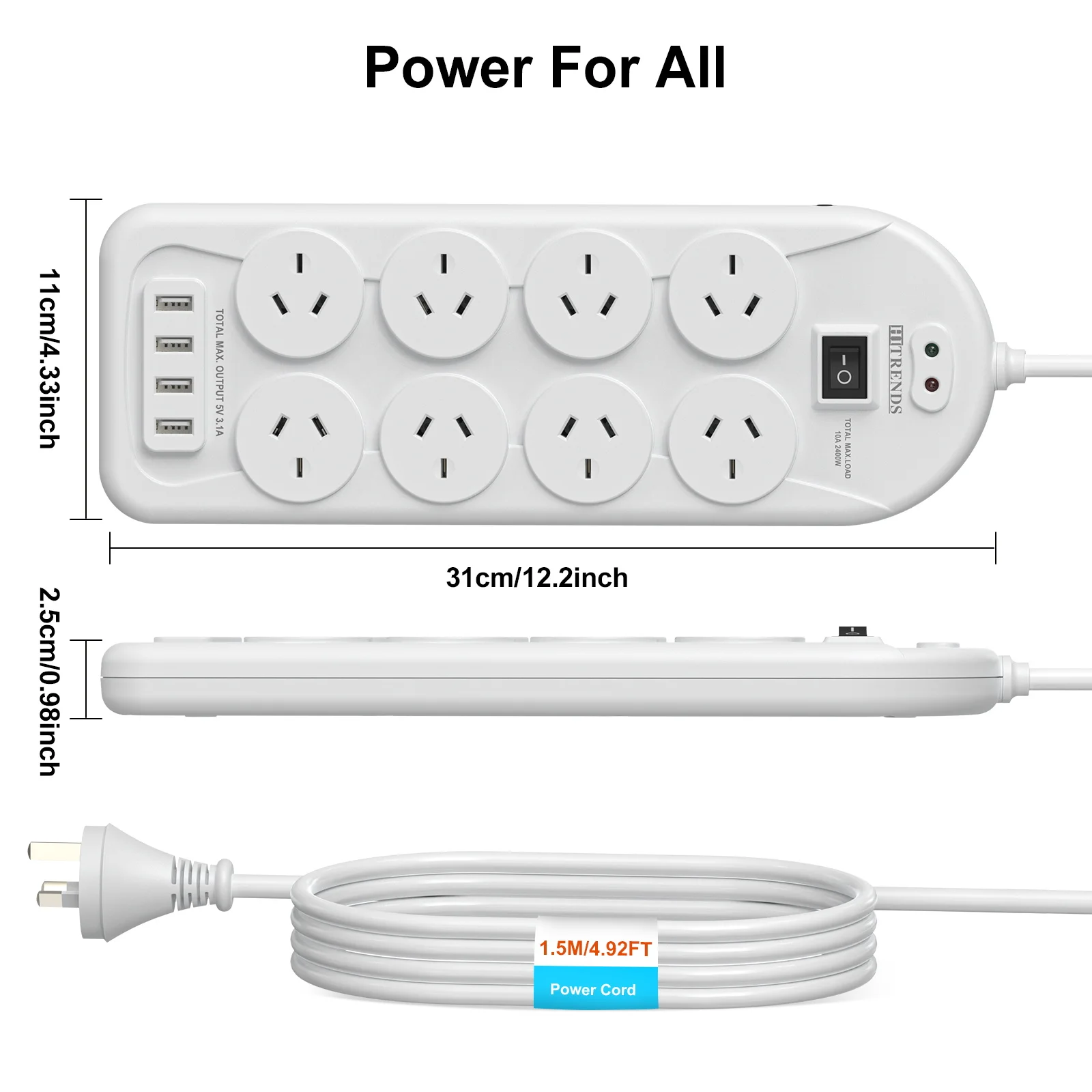 HITRENDS power strip mulit socket with 8 AC outlets 4 USB ports charging,1.5m extension cord with Switch for Australia
