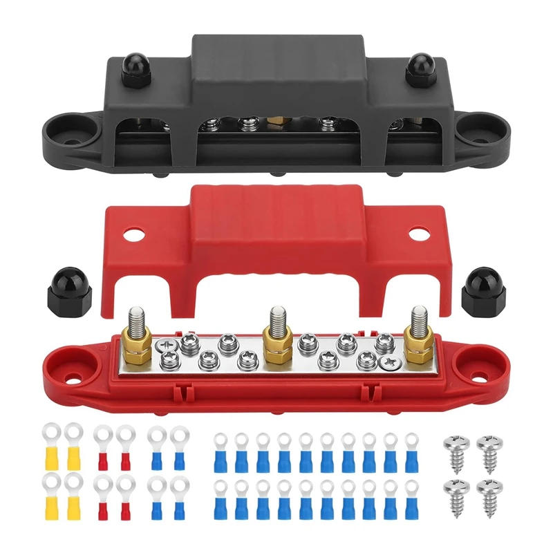 2Pcs Bus Bar,12V Power Distribution Block, 3X 1/4In (M6) Terminal Studs Battery Bus Bar