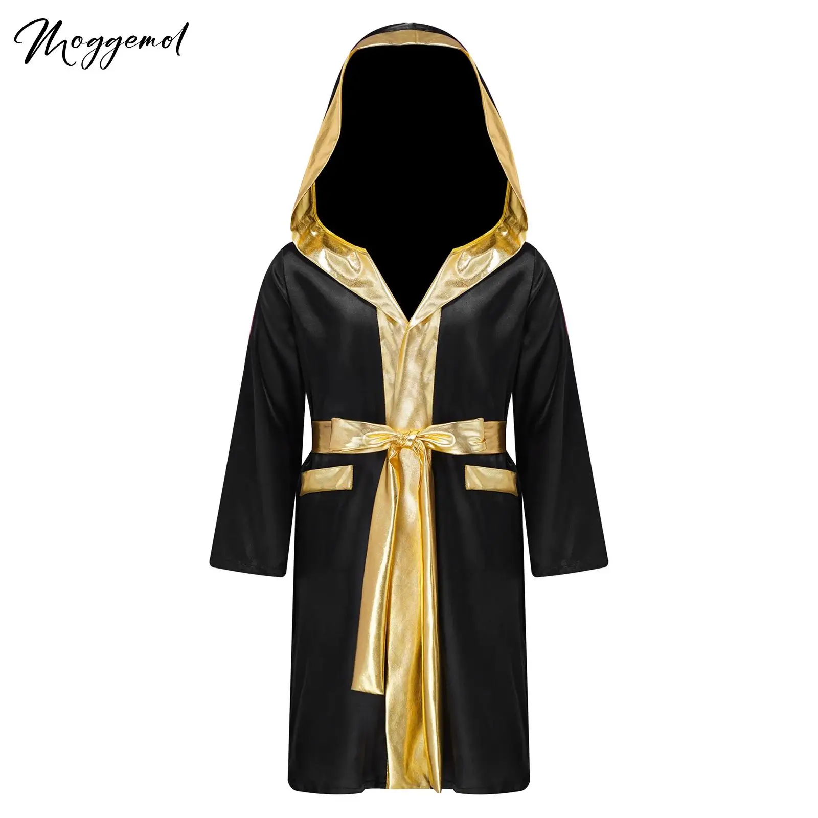 Sports Unisex Kids Boys Girls Boxing Robe Thai Kickboxing Costume Long Sleeve Hooded Cloak Competition Training Gown with Belt