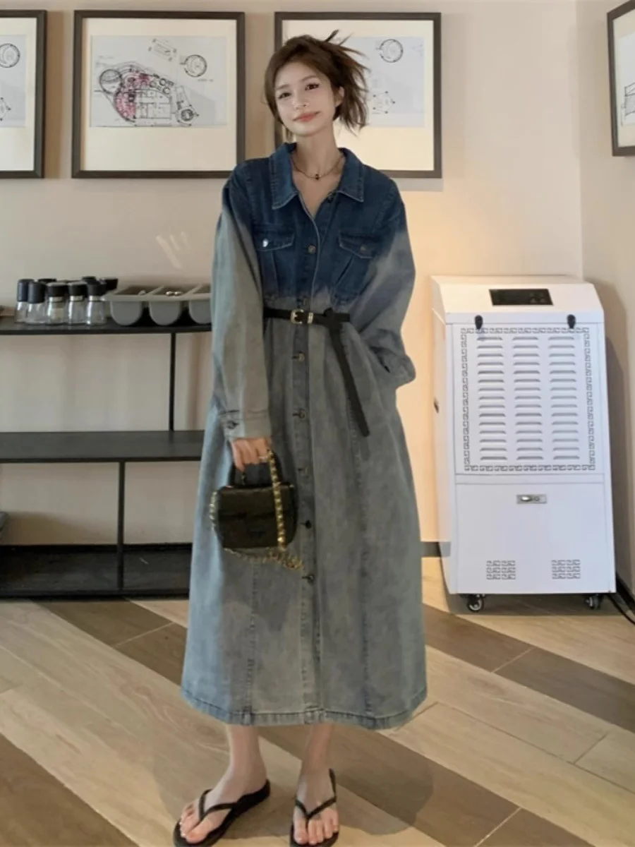 

Платье джинсовое тай-дай больших размеров для женщин, осеннее, для фигуры типа «груша», облегающее, скрывает недостатки, подчеркивает стройность, повседневное, с свободной талией