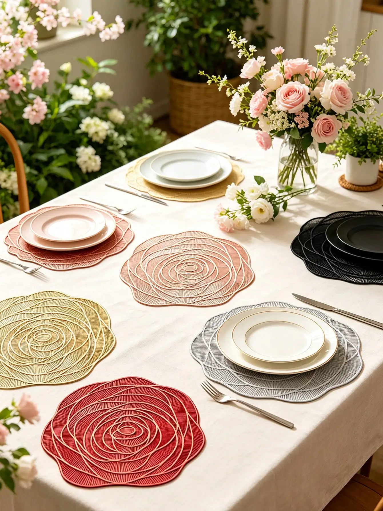 1pcs Rose Flower PVC Gold Foil Coasters, Suitable For Home Dining Table Decor, Tea Cup Heat Insulation Pad, Protect Tabletop, Home Kitchen Tea House Coasters, Minimalist Style Coaster Holder, Wedding Valentine's Day Holiday Party Coasters