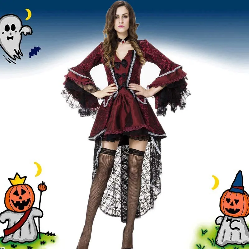 Bloody Beautiful Vampire Queen Costume Cosplay Plus Size Halloween Womens Classic Sexy Ghost Costume Deluxe Victorian Uniforms