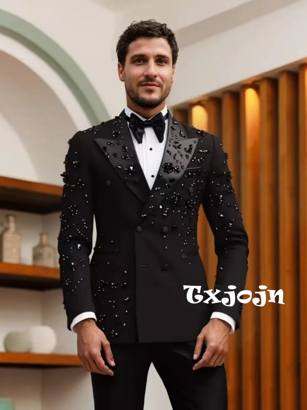 

Black Opulent Crystal Men's Suit 2 Pieces Wedding Groom Sets Plus Size Man Slim Fit Suits Set Party Prom Wear Elegant Tuxedo