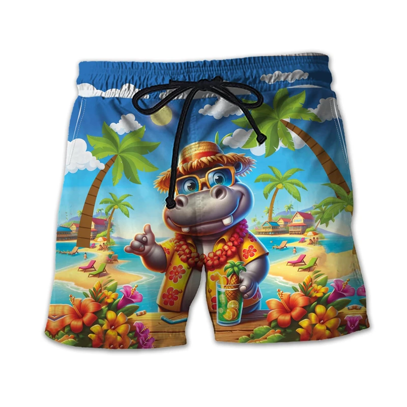 Pantaloni corti con stampa 3D ippopotamo divertente per uomo vestiti Hip Hop pantaloncini da spiaggia hawaiani Casual tronchi maschili pantaloni a vita bassa dei cartoni animati