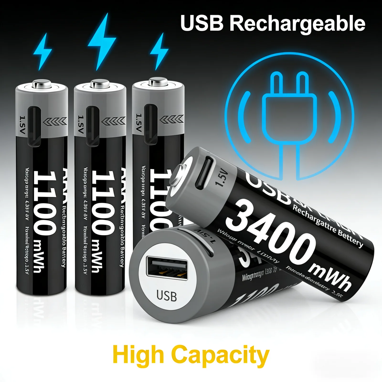 

Li-ion AAA and AA Rechargeable Batteries USB Lithium-ion 3400mWh 1.5V AA Rechargeable Batteries+1100mWh 1.5V AAA Battery