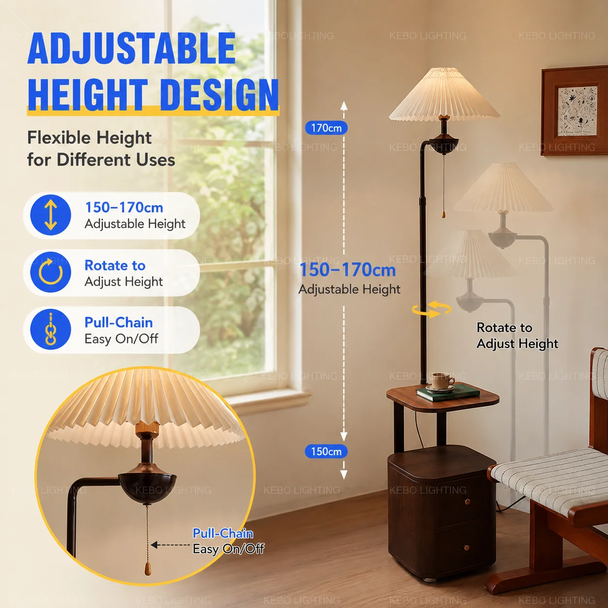 Floor Lamp With Storage Shelf Living Room, Storage Tower-Shaped Bedside Floor Lamp With Bulb, Wooden Zipper Switch Standing Lamp