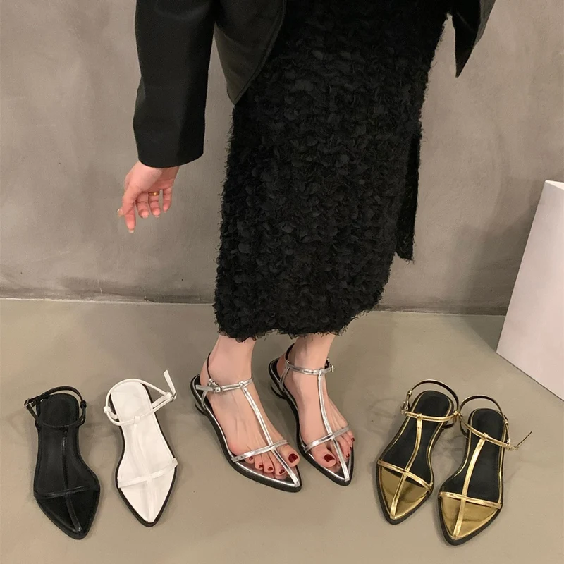 

2023 New Brand Women Sandal Fashion Narrow Band Flat Heel Ladies Gladiator Shoes Pointed Toe Ankle Buckle Zapatos Muje