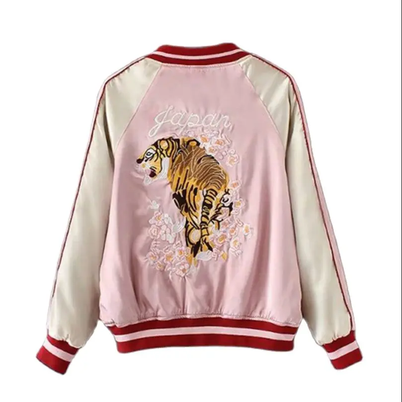 Satin Sukajan Tiger Embroidered Women Bomber Baseball Jacket Coats Japan Harajuku Female Coat Sukajan Girls Clothing Spring