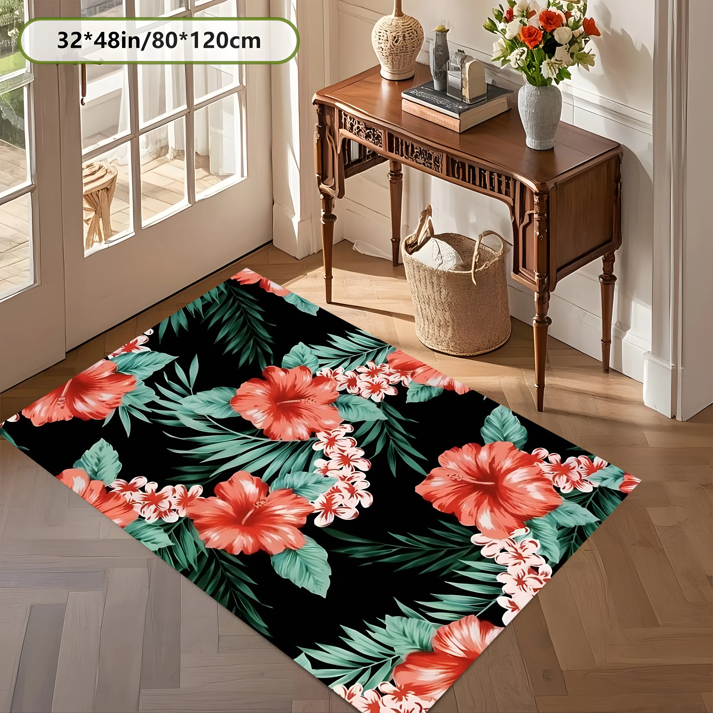 Red Floral Palm Leaf 2D Area Rug in Retro Tropical Style for Living Room and Entryway, Halloween Party Decor