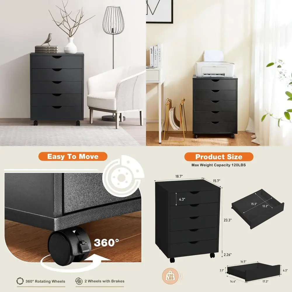 

Wooden Storage Cabinet with Drawers for Home Organization, Mobile with Wheels, Black
