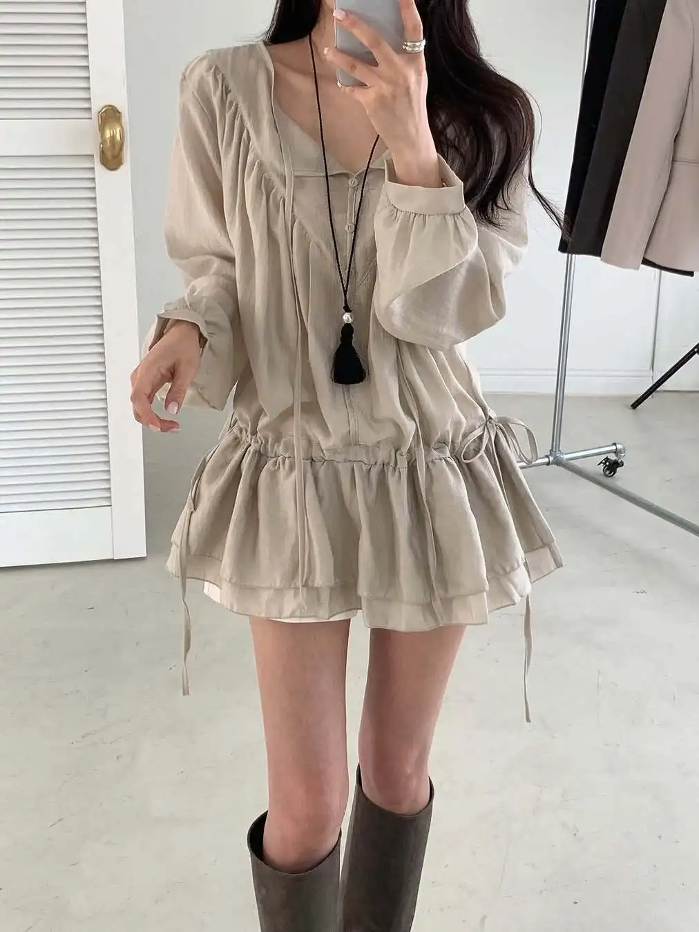 

Chic Lazy Style Women's Dress with Pleats And Drawstring Waist Slimming Sweet Short Skirt Korean Style Cotton Polyester