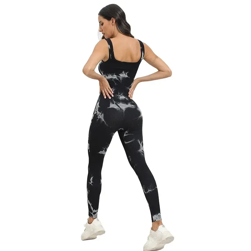 Kobiety Seveeless Tie Dye Body Suit Fitness Yoga Set Seamless Elastic Gym Running Cycling High Waist Hip Lift Knitted Sportwear