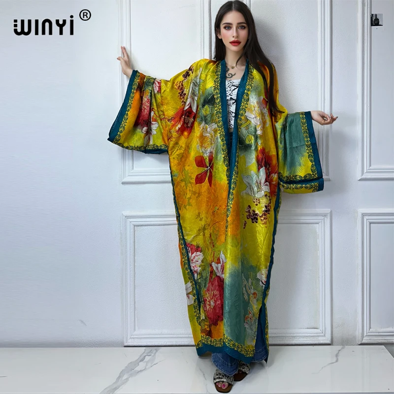 WINYI beach cover up print kimono Silk feel Dress Beach Wear Boho Cardigan abaya women muslim dress africa Long Sleeve coat