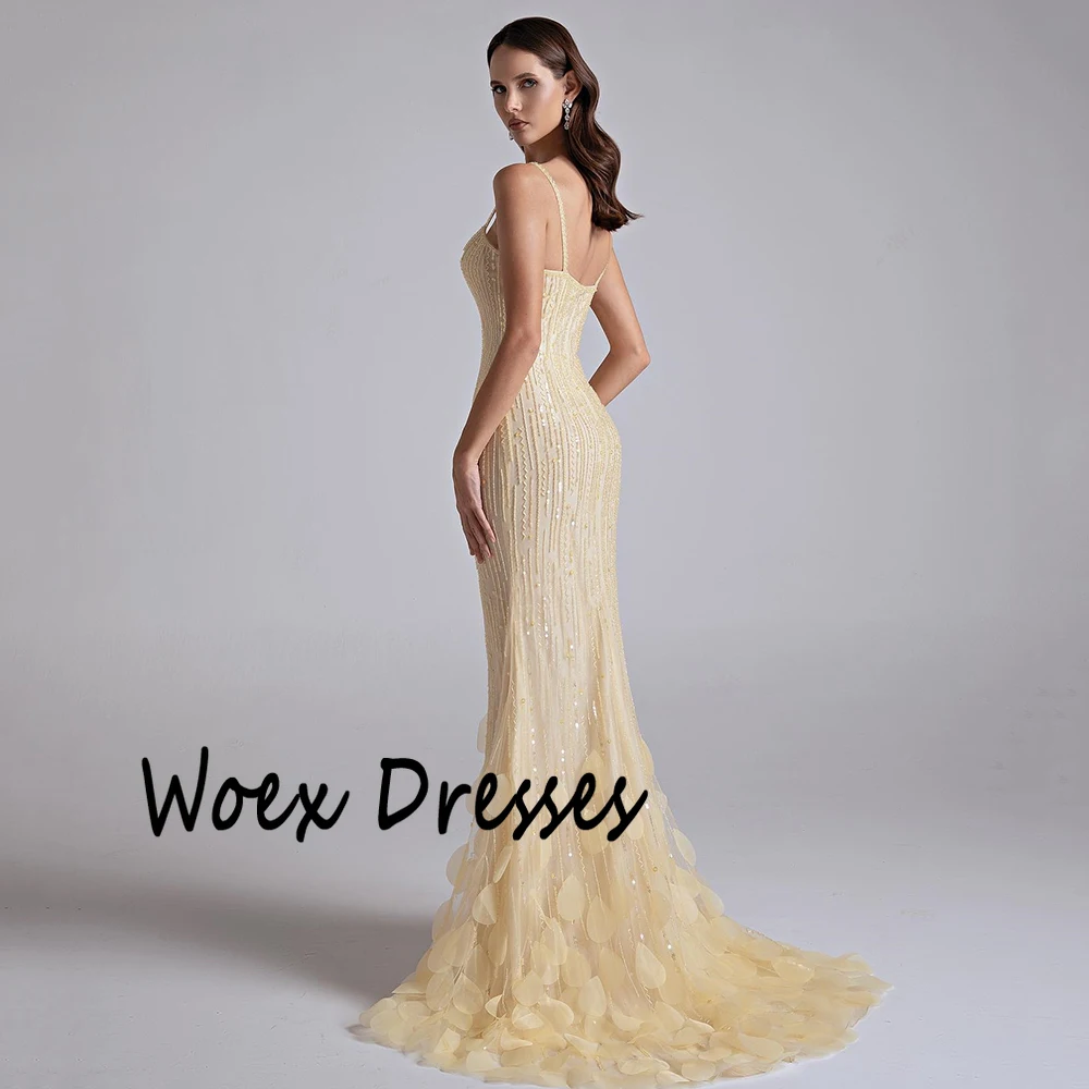 Sukienka wieczorowa na ramiączkach spaghetti, żółta, z aplikacjami z cekinów, bez rękawów, sukienka na imprezę, syreni krój, długa do podłogi, suknia balowa.