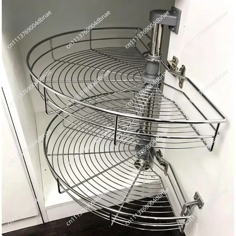 The arc-shaped pull-out basket in the corner of the cabinet can be rotated 180 degrees for a double-layer storage rack