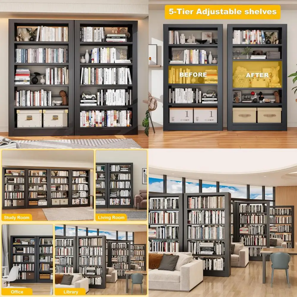 رف كتب معدني عريض مقاس 36 بوصة مع 5 أرفف، طراز صناعي أسود، قوي وطويل للكتب ذات الغلاف الصلب