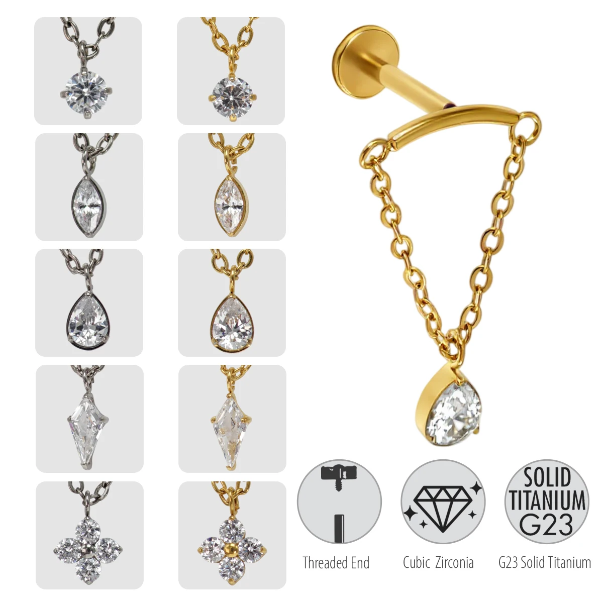 G23 Implant Grade Titanium 16G Tragus Helix Cartilage Flat Back Earring – 8mm CZ Stud Internally Thread Labret Piercing Jewelry