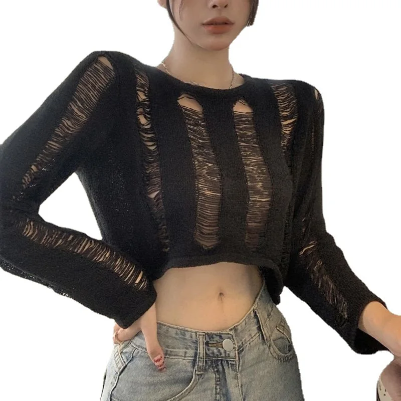 Autumn Clothes Women Sweater Knitwear Chic Hollow Out Back Bandage Lace Up Pull Femme Crop Top Solid O Neck Pullover