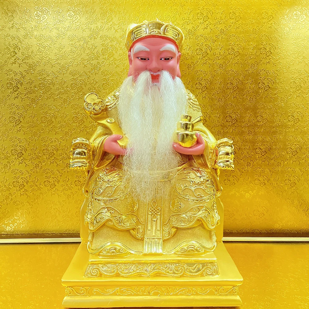 High grade wood carving golden TU DI GONG God of wealth Buddha statue FENG SHUI HOME family GOOD LUCK safety patron saint