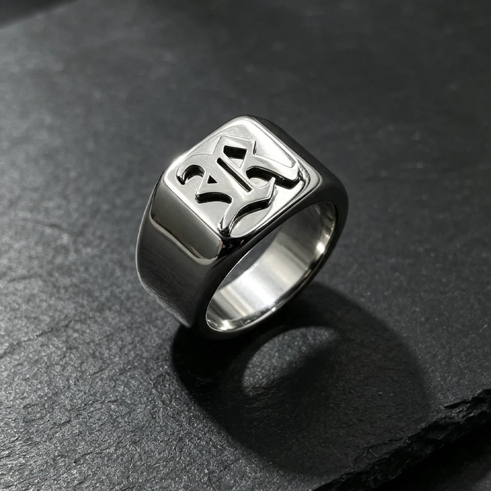 Custom Old English Gothic Initial Signet Ring Stainless Steel Raised Embossed Letter Statement Band Men Vintage Jewelry Gift