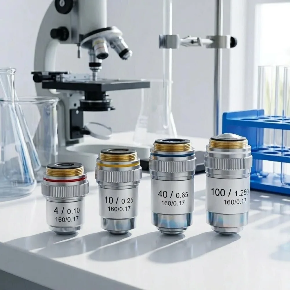 Achromatic Microscope Objective Lens 4X 10X 20X 40X 60X 100X RMS Thread Optical Lens Metal Housing