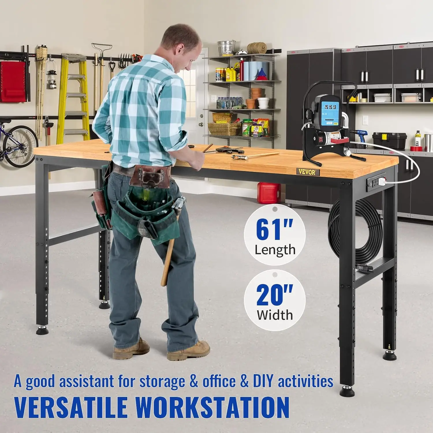 60" Adjustable Workbench, Heavay Duty Workstation, Rubber Wood Top & Metal Frame & Foot Pads, for Workshop Office Home Garage