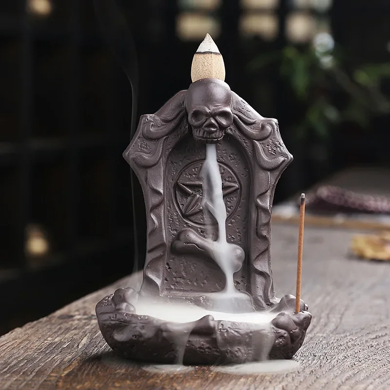 Creative Skull Purple Clay Waterfall Incense Burner Halloween Gifts Home Decor Incense Stick Holder Ceramic Censer Handicrafts