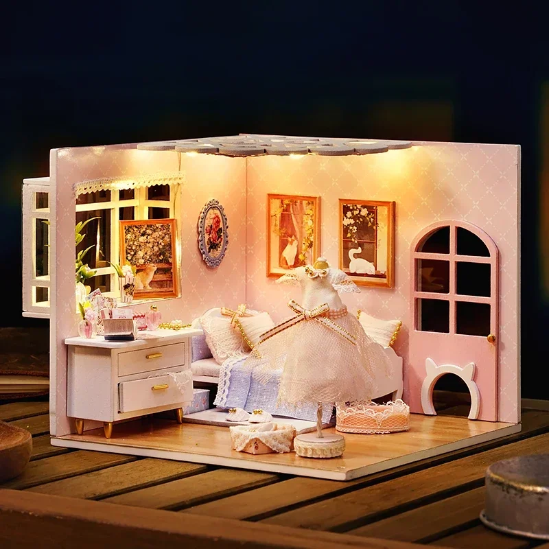 Kit per casa delle bambole in legno per realizzare e assemblare giocattoli modello di stanza Decorazioni per la camera da letto di casa con mobili Regalo per casa delle bambole con luce a LED