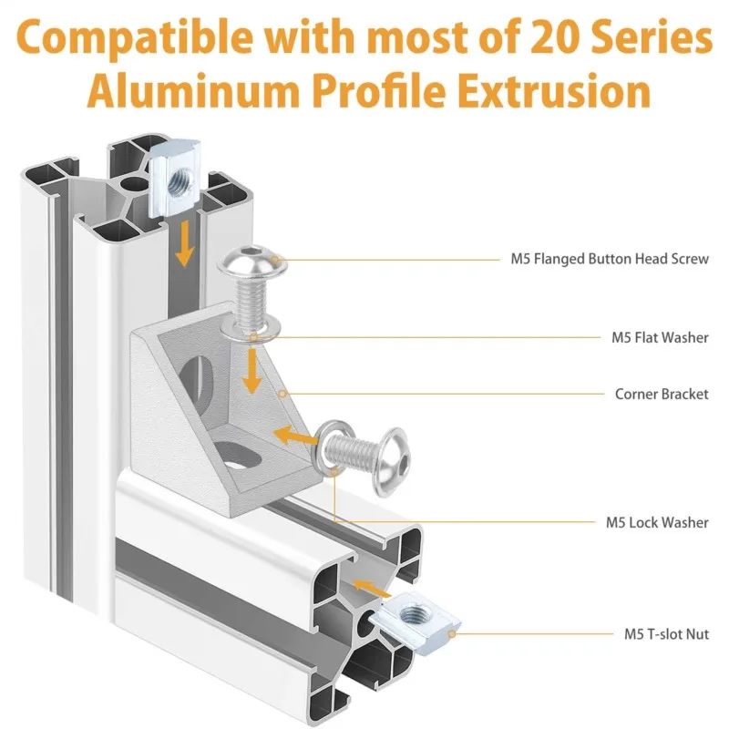 Juego de conectores de perfil de aluminio 2020, 20 piezas de soporte de esquina + 40 Uds. De tapa hexagonal M5x8mm + 40 Uds. De tuercas con ranura en T M5 de 20 series