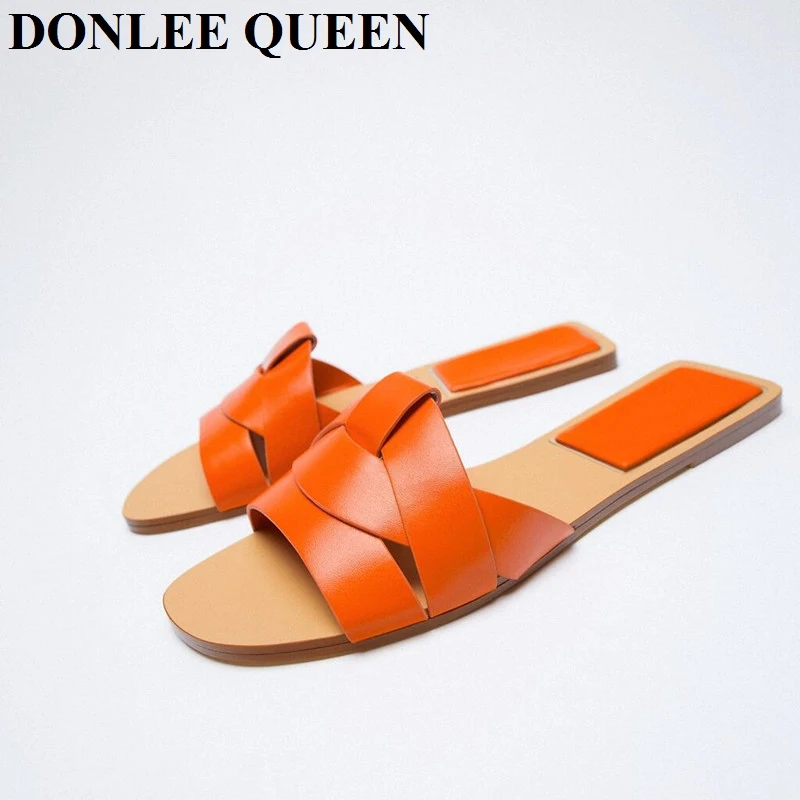 New Fashion Weave Slippers Women Square Toe Flat Casual Shoes Brand Slide 2024 Summer Flip Flops Black Gold Sliver Beach Sandals