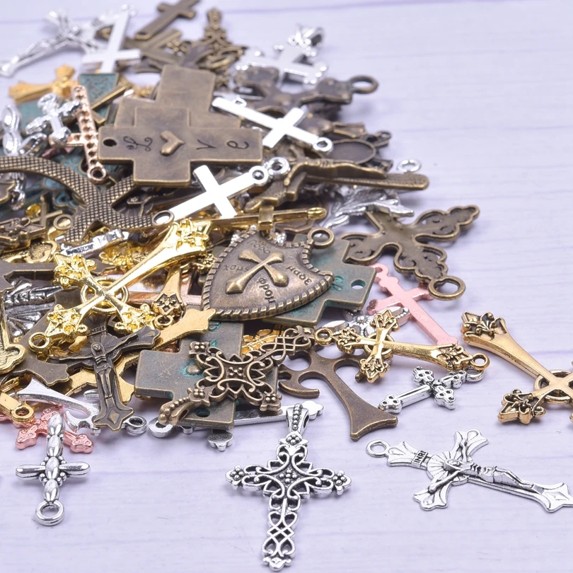 Random Mix 40pcs/lot Cross Jesus Religion Antique Bronze Alloy Pendant Charms For Jewelry Making Amulet Craft Materials cruz