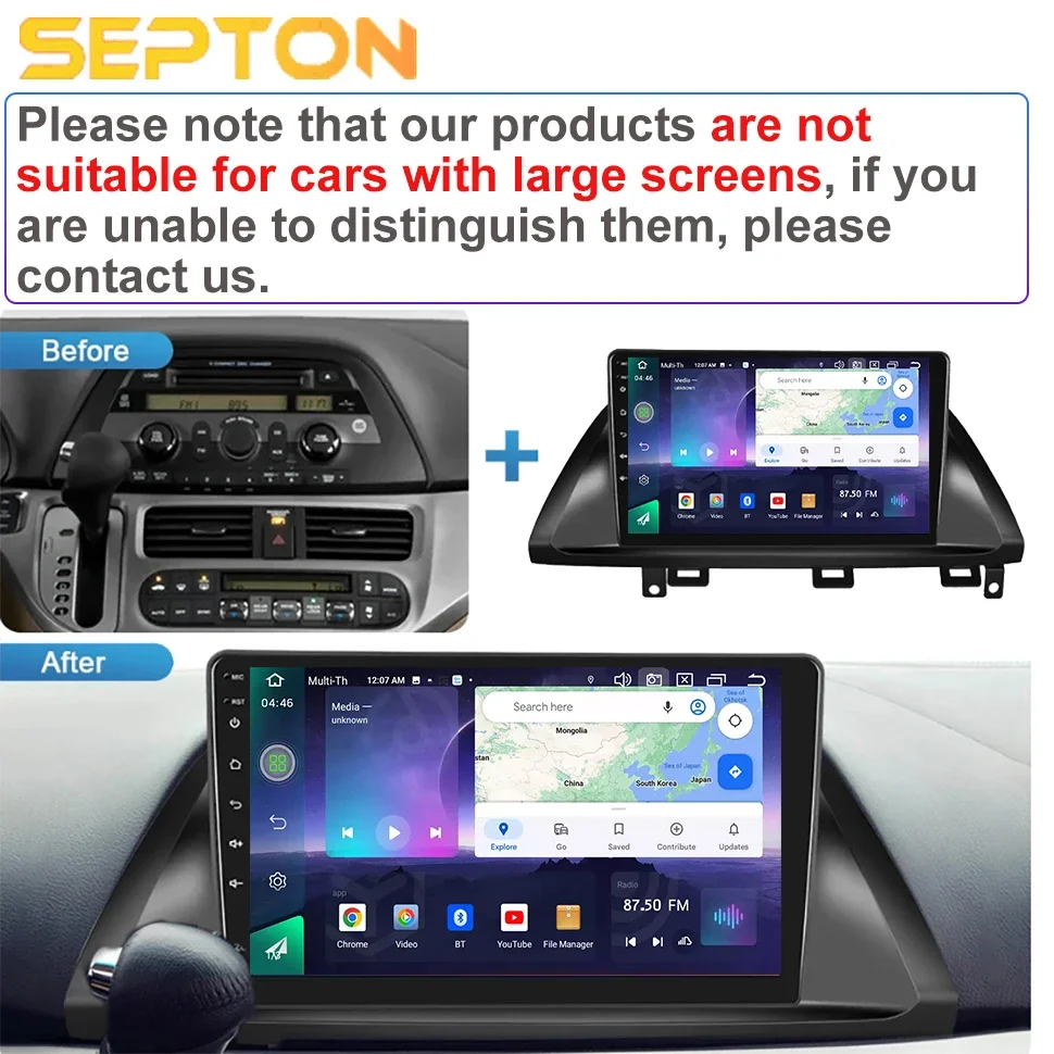 SEPTON 8+128G Car Radio for Honda Odyssey 2005 - 2010 US EDITION 4G Net 8core WIFI 8+256 Head Unit Android 12 Multimedia Player