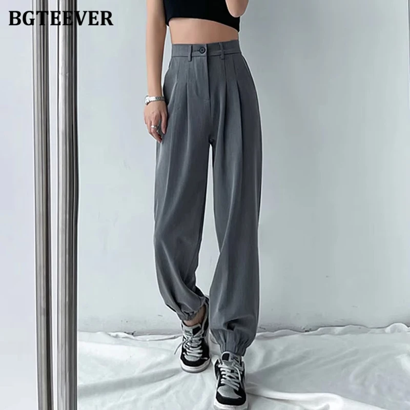 BGTEEVER Spring Summer Loose High Waist Women Harm Pants Casual Pockets Ankle-length Wide Leg Trousers Female