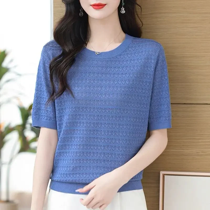 New Knitted Short-sleeved T-shirt for Women Summer Mother Dress Fashion Large-size Round Neck Loose Belly-covering Knitted Top