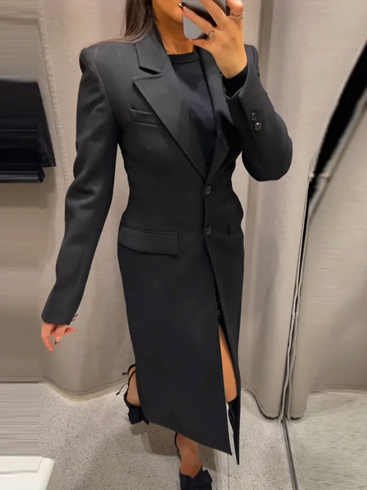 Elegant Long Blazer Coat Women Single Breasted Black Loose Long Sleeve Shoulder Pads Thicken Suit Jacket Female 2025 Spring Tops