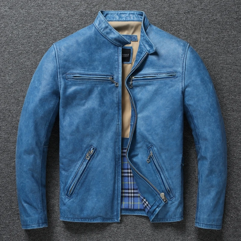 

Genuine Leather Jacket Autumn Mens Clothing Cowhide Coats Fashion Motorcycle Jackets Retro Blue Jaqueta Masculina Jeans