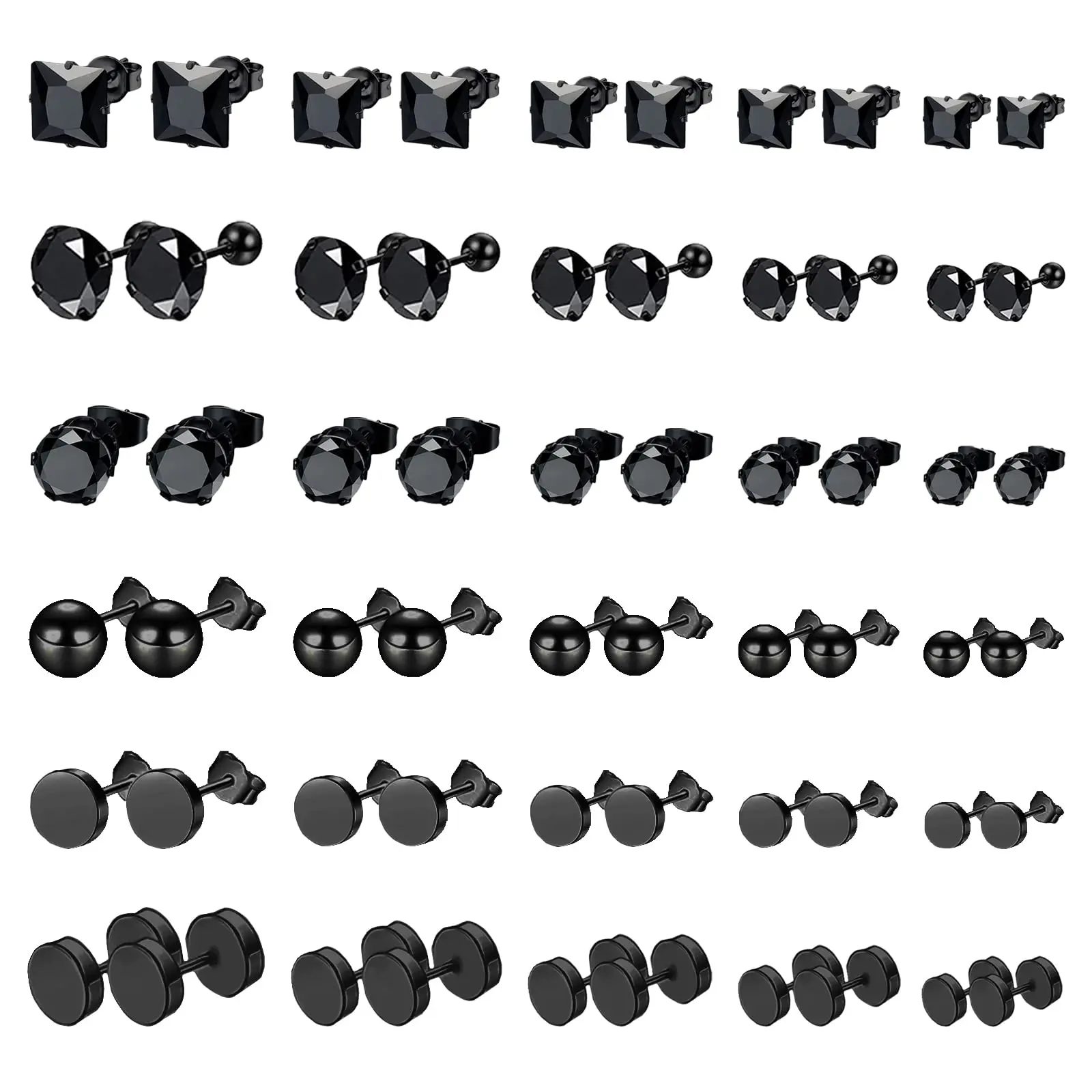 5 Pairs/30 Pairs Stainless Steel Small Tiny Round Ball Inlaid Cubic Zirconia Stud Earrings Set for Men Women Size 3/4/5/6/8mm