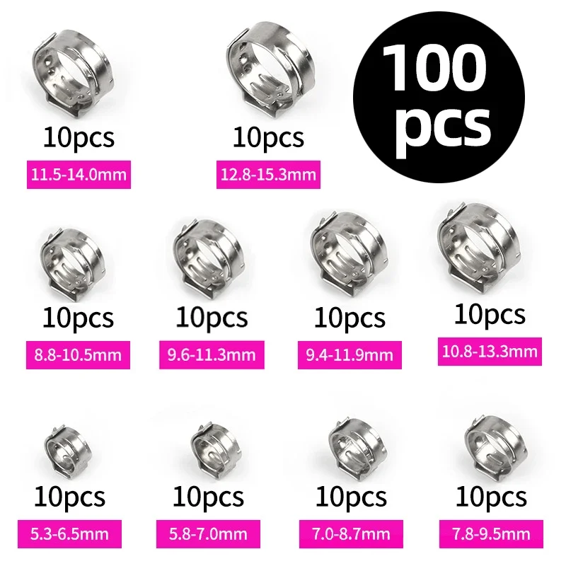 Single ear hoop pliers 304 Single Ear Stepless Hose Clamps Water Pipe Pliers Caliper 100pcs Stainless Steel Hose Clamps