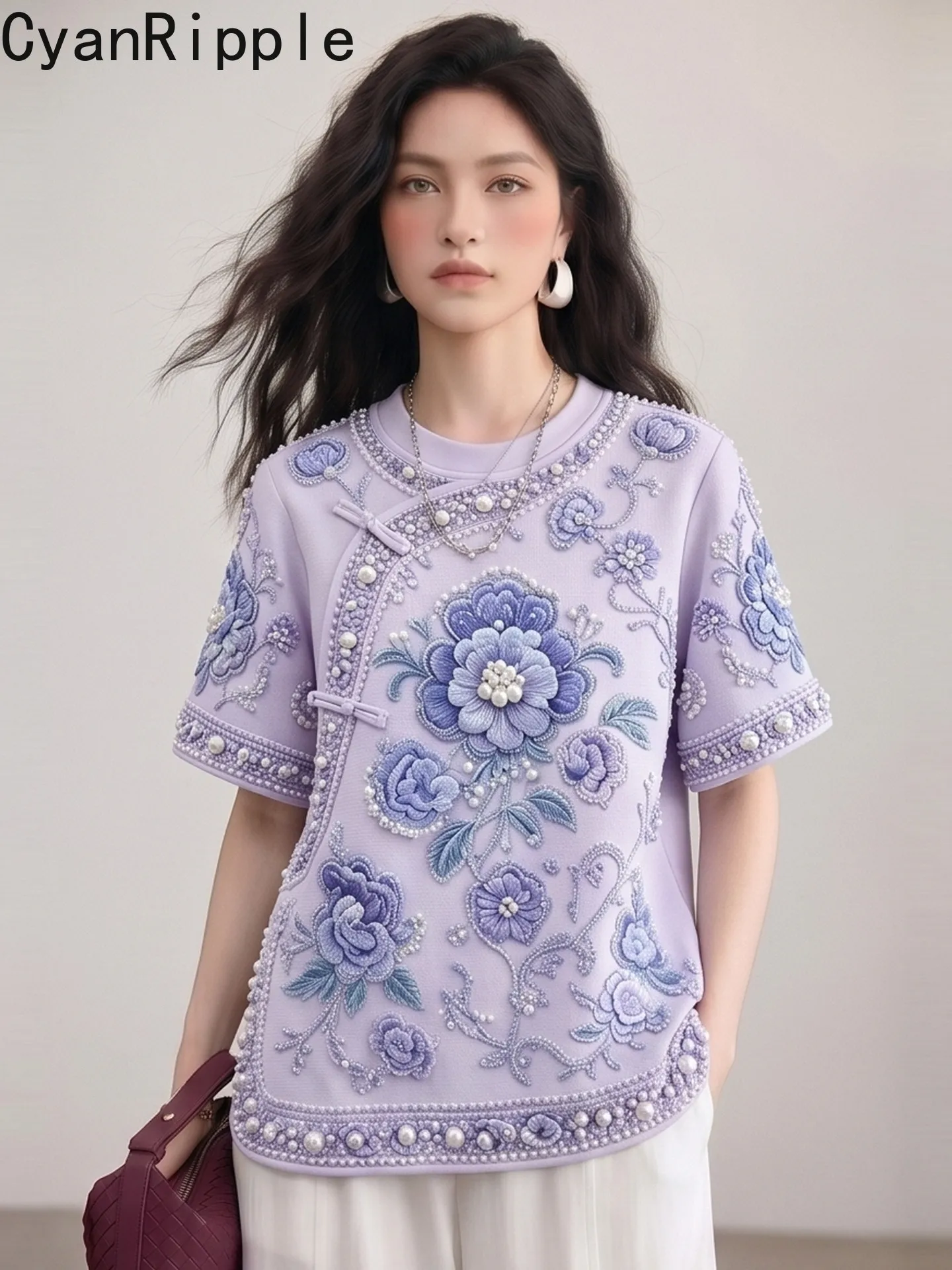 High Quality New Spring Summer Loose Women T-shirt Luxury Vintage Purple Beading Embroidery Round Neck Casual Top Oversize Tees