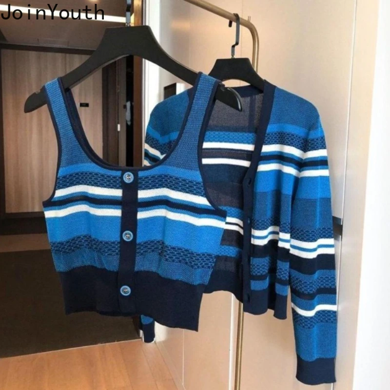 Knitted Outfits Korean Two Piece Sets Women Clothing Cropped Cardigan Tunic Vest Suit Roupas Femme Fashion Striped Sweater Set