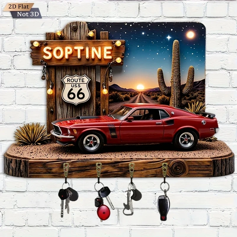 2D Flat.1pc. Route 66 Sports Car Key Hook - Multifunctional Decorative Key Holder, with a Blank Back for Wishes and Blessings,