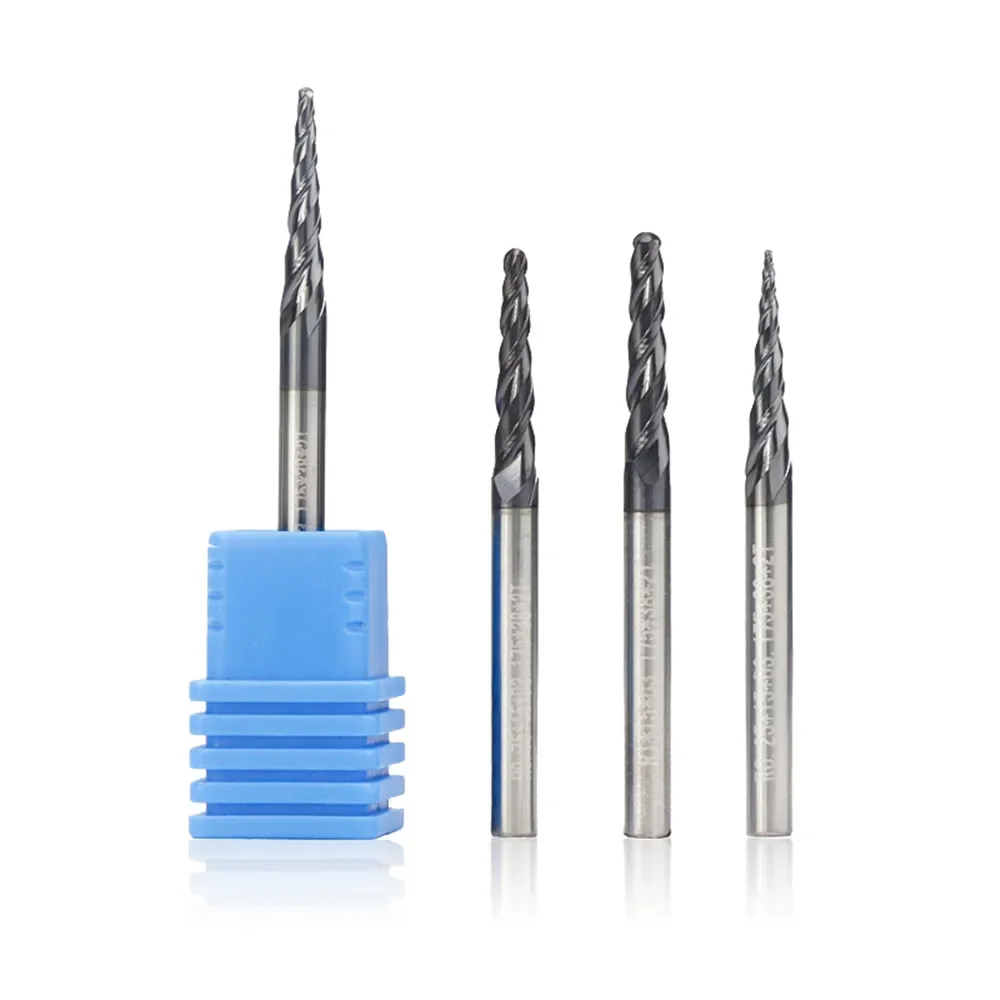 tapered ball nose end mill 4 pcs r0.25 r0.5 r0.75 r1.0 carbide   cnc engraving bit set