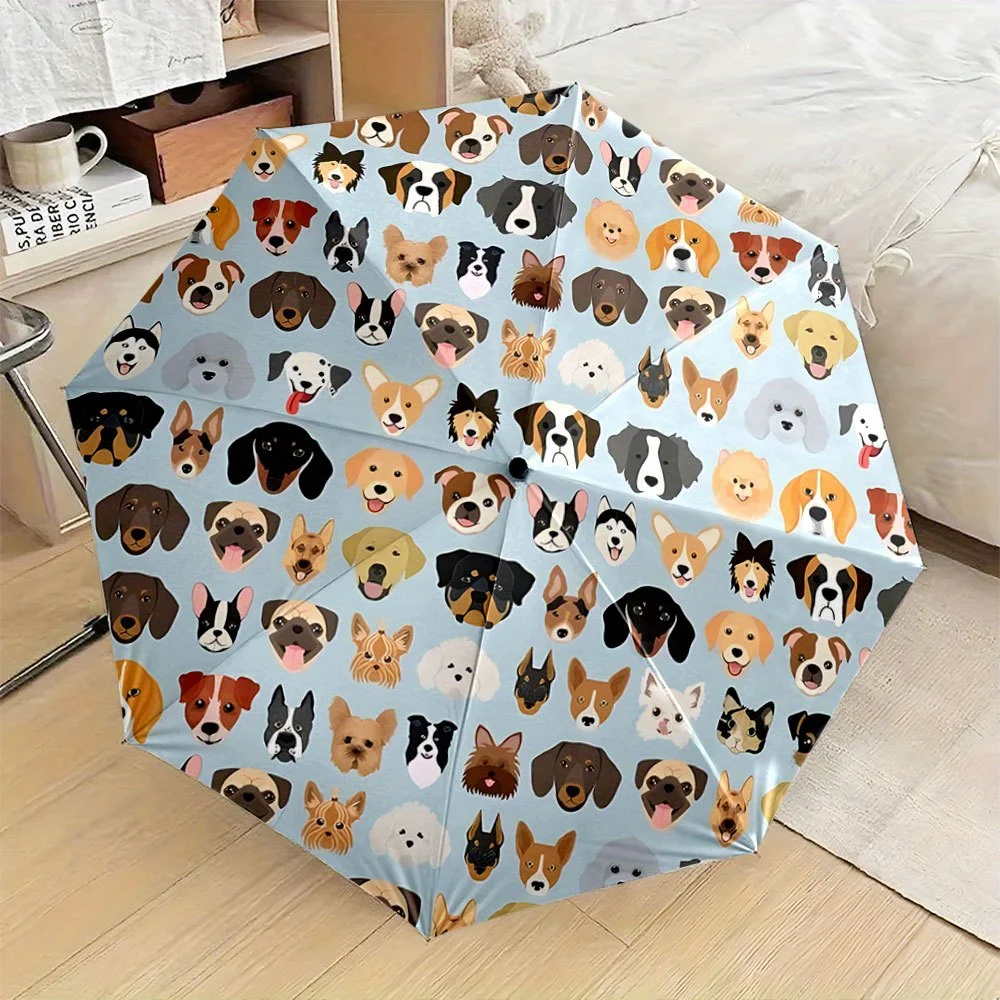 

Автоматический складной зонт. Основной рисунок на зонтике - различные собачьи мордочки на светло-голубом фоне. Портативный складной