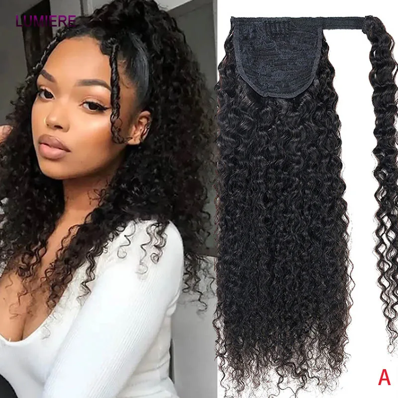 Ponytail Human Hair Extensions Afro Kinky Deep Water Curly Wave Wrap Around Drawstring  Virgin Human Hair Ponytail Extension