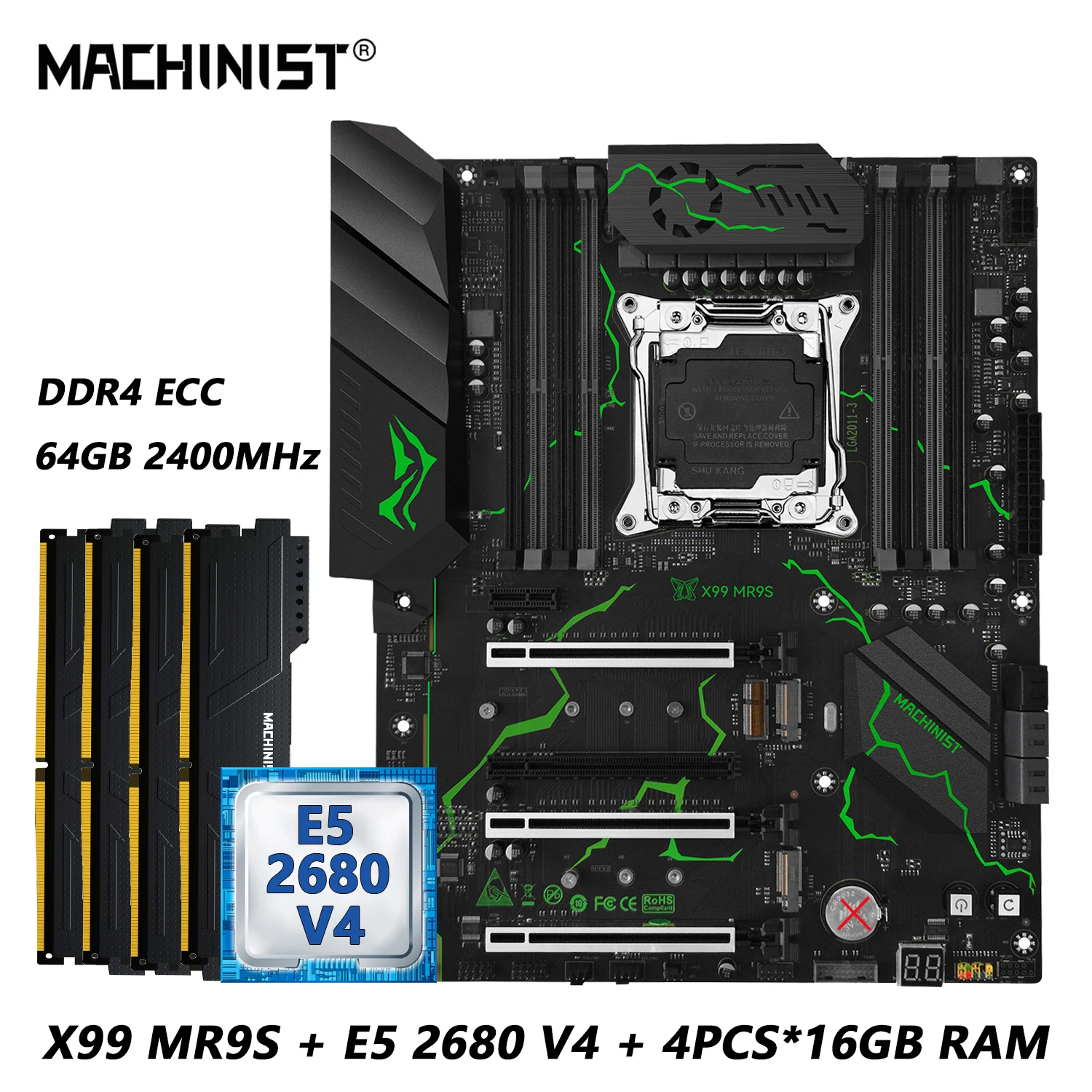 MACHINIST MR9S X99 Motherboard Combo With Xeon E5 2680 V4 CPU LGA 2011-3 and DDR4 64GB 2400MHz RAM Kit Four Channel Memory port