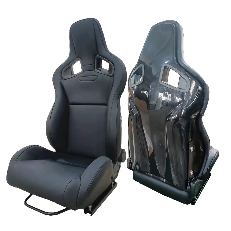 1039R Universal 2PCS Black Leather With Double Slider Sport Bukcet Racing Car Seats